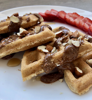 Gluten-free almond flour waffles with chocolate hazelnut butter